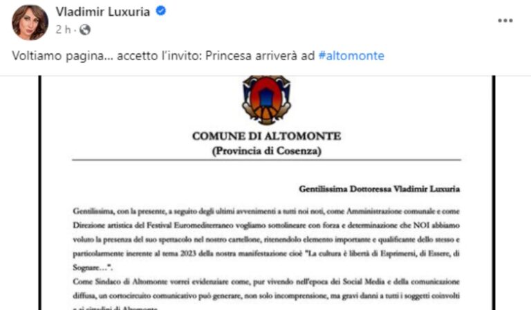 Pace fatta tra Altomonte e Luxuria: l’ex deputata si esibirà nel borgo cosentino