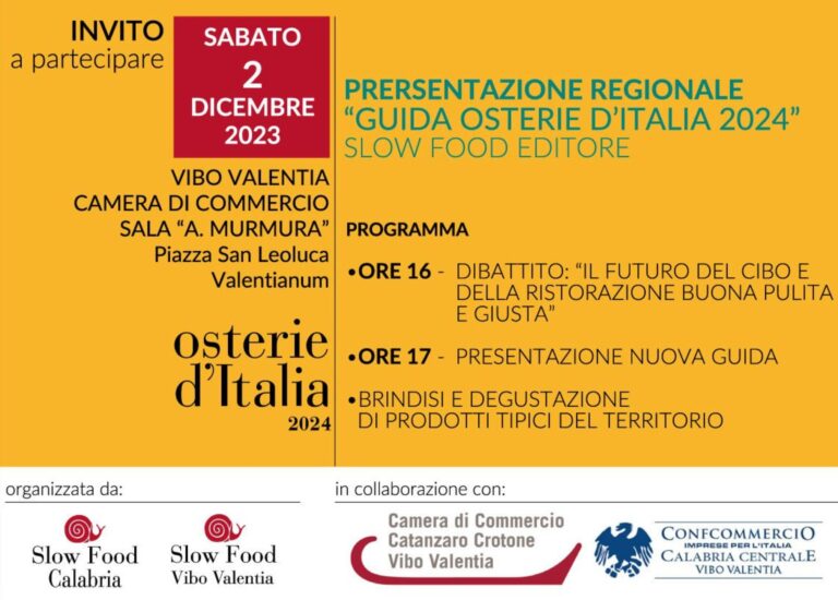 Sloow Food Calabria presenta a Vibo la guida Osterie d'Italia 2024